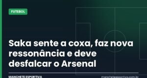 Saka sente a coxa, faz nova ressonância e deve desfalcar o Arsenal Arte da Manchete Esportiva sobre a lesão de Saka antes de Arsenal x Everton pela Premier League
