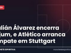 Julián Álvarez encerra jejum, e Atlético arranca empate em Stuttgart Arte Manchete Esportiva sobre o empate entre Stuttgart e Atlético de Madrid