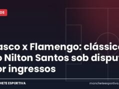 Vasco x Flamengo: clássico no Nilton Santos sob disputa por ingressos Arte da Manchete Esportiva sobre o clássico Vasco x Flamengo no Estádio Nilton Santos pelo Brasileirão
